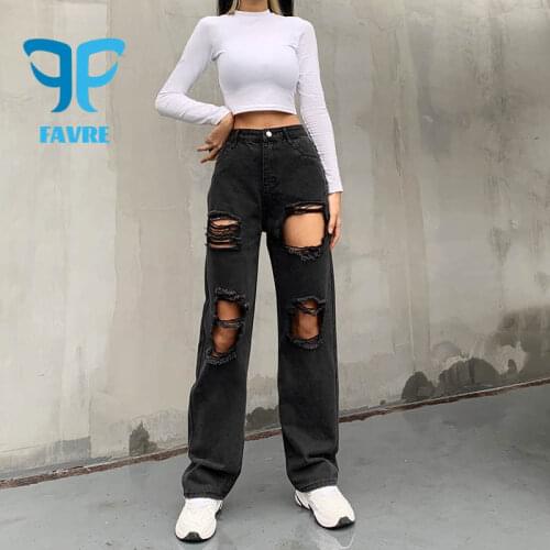 FAVRE Holes Vintage Streetwear Straight Jeans Women High Waist Fashion Baggy Slim Korean Denim Pants Streetwear Cargo Trousers