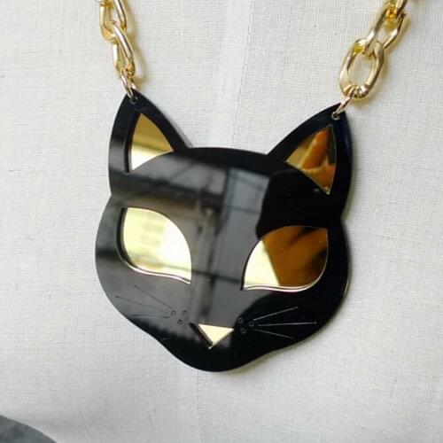 Acrylic Black Gold Color Cat Head Link Chain Necklace For Women Girls Vintage Animals Cat Pendant Necklace Jewelry Gifts