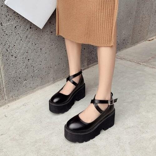 YMECHIC 2020 New Black Ankle Buckle Cross Strap College Party High Heels Platform Gothic Punk Mary Jane Woman Shoes Lady Pumps