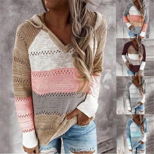 2021 Autumn Women Patchwork Sweater Plus Size Hollow Out Casual Knitted Hooded Sweater Long Sleeve Drawstring Loose Hoodies