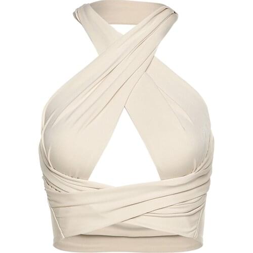 2021 Womens Sexy Vest, Halter Solid Color Overlapping Hollow Out Umbilicus Exposure Camisole Khaki