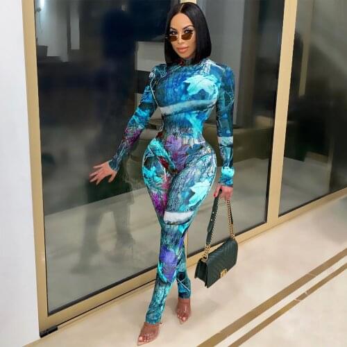 2021 Spring Sexy Women Print Mesh Sheer Long Sleeve Bodycon Bodysuit Pants Two Piece Set