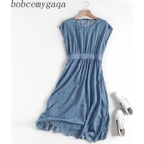 Women Embroidery Long Jeans Dress O Neck Sleeveless Summer Long Denim Dress Casual Cotton Slim Waist Dress Vestidos Mujer