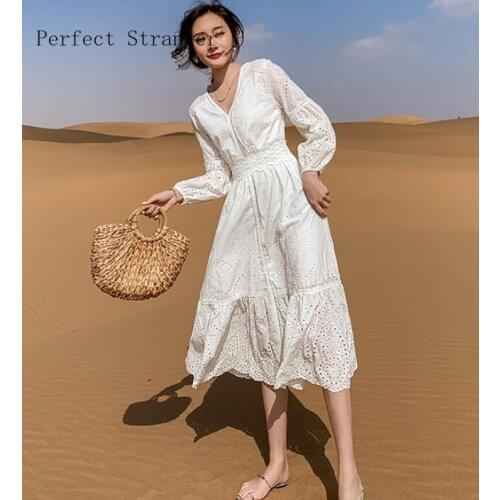 2021 Spring Autumn New Arrival High Quality V Collar Hollow-out Long Sleeve Women Lace Long Dress White