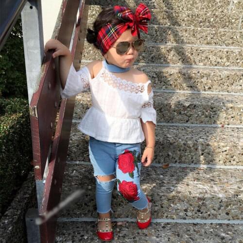 Girl Clothes 2pcs Floral Toddler Kids Baby Girls Clothes Outfits Casual Lace T-shirt Tops +Hole Rose Jeans Denim Pants Set