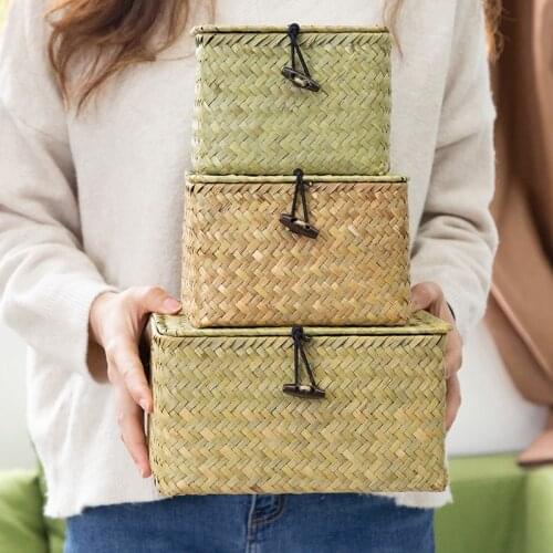 3Pcs Handwoven Seagrass Storage Boxes With Lid Jewelry Cosmetics Organizer Food Container Picnic Storage Boxes Home Organization