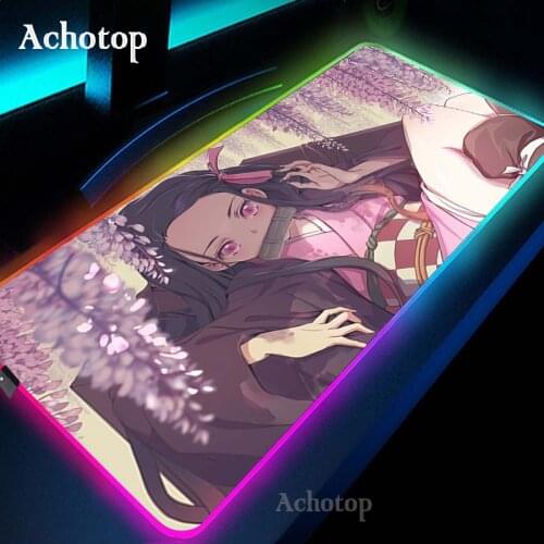 Anime Demon Slayer Kimetsu No Yaiba Large Colorful LED Mouse Pad RGB Lock Edge Computer Table Mat Speed Rubber Carpet Desk Mat