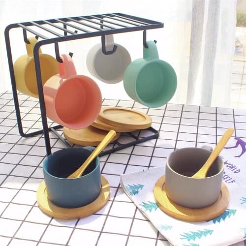 Nordic Simple Style Colour Ceramic Cafe Coffee House Espresso Mug With Natural Wooden Tray Spoon Tea Cup Teacup Lovers Present