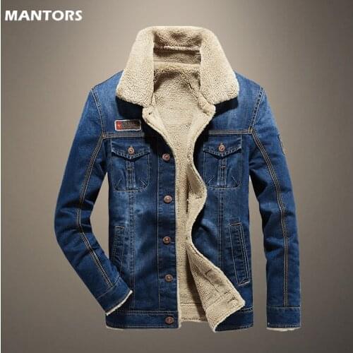 Classic Mens Denim Jacket Fleece Thick Warm Coat Cotton Cargo Jacket Lapel Autumn Winter Mens Cowboy Coat Streetwear Windproof