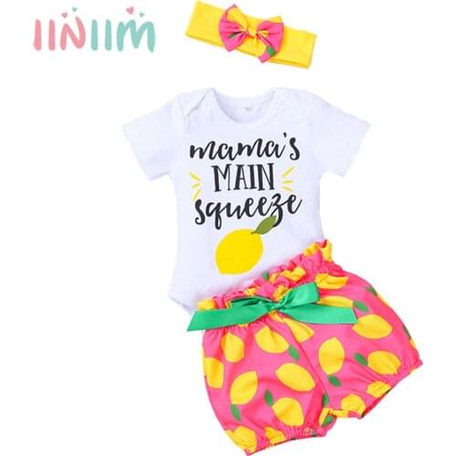 Iiniim Newborn Baby Girls Summer Clothes Set Toddler Kids Short Sleeve Letter Romper+Fruit Print Shorts+Bowknot Headband