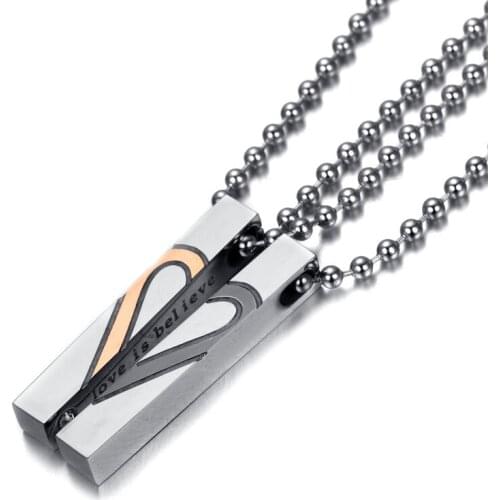 Fashion Jewelry Sweet Love Heart Pattern Stainless Steel Pendant Necklace Men Women 2PCS