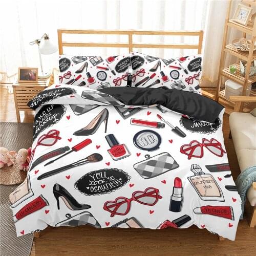 ZEIMON Makeup Lipstick Fashion Bedding Set Cosmetic Pink Duvet Cover Girls Women Bed Set Home Textiles Bedclothes