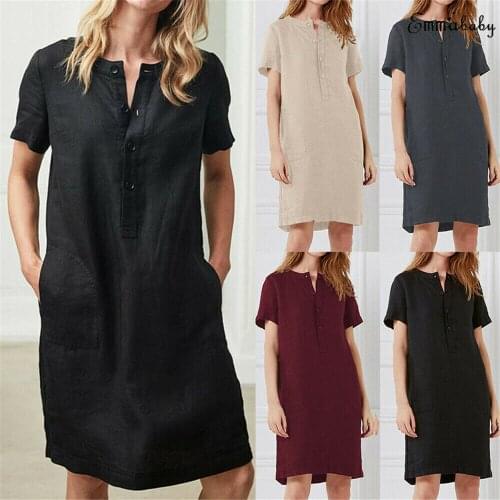 2019 Newest Hot Womens Solid Short Sleeve Button Cotton Linen Ladies Summer Midi Dress Straight Sundress Oversize