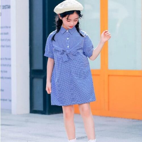 Big Girls Dress Summer 2021 Straight Childrens Princess Dresses Baby Clothes Short Sleeve Casual Teenager Shirts Dress Blue