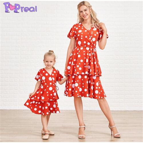 PopReal Mom And Daughter Skirt Parent-Child Outfit Fashion V-Neck Mini Mother Dress Wave Point Belt Family Matching Outfits