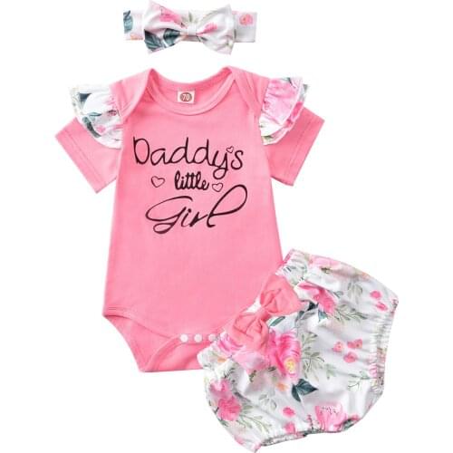 Pudcoco Baby Girls Clothes 3Pcs Summer Outfits Ruffle Short Sleeve Letter Print Romper + Floral Bloomers + Headband Set 0-18M