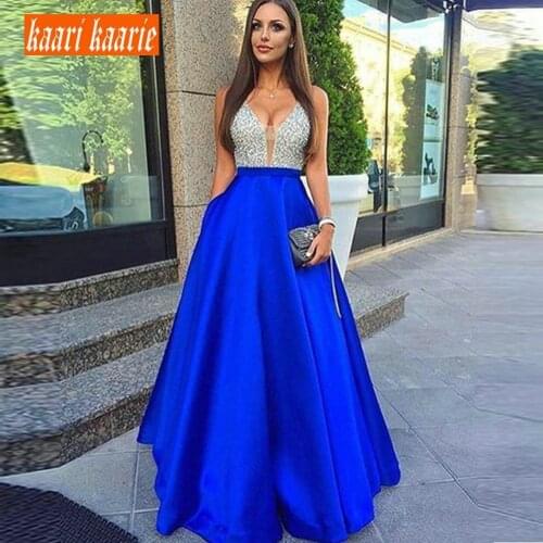Sexy Royal Blue Evening Dresses 2020 Evening Party Gowns Long Formal V-Neck Satin Beading Backless Beach Cheap Women Dress Prom