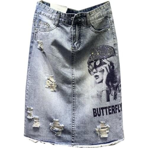 Denim skirt women 2020 Spring summer new high-waist hole heavy industry hot drilling mid-length package hip jeans a-line skirt