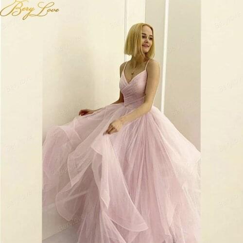 Berylove Pink A line Evening Dresses Floor Length Tulle vestido de Spaghetti Strap Party Dress Sweetheart Tiered Prom Gown