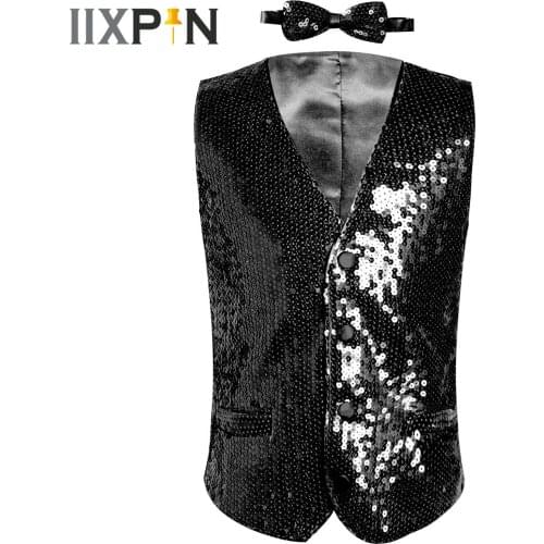 Boys Sequins Slim Vests Shiny Sequined Waistcoat Childrens Dancewear Performance Jazz Dance Costume Gentleman Bowtie Kids Vest
