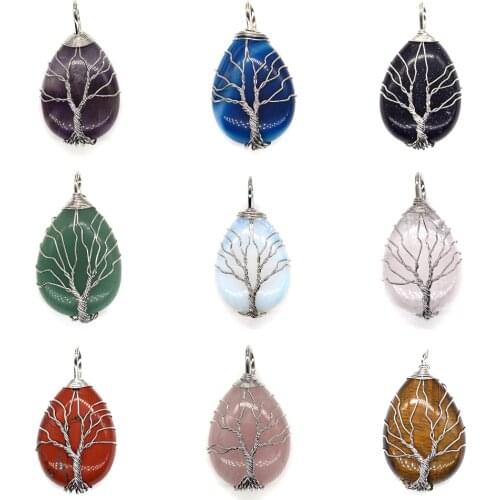 1PC Vintage Teardrop Natural Gemstones Healing Crystal Stone Necklace Wire Wrapped Tree of Life Chakra Pendant for Women Gifts