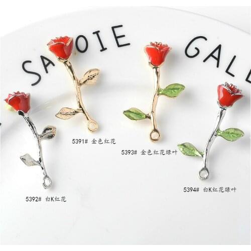 10pcs 40X25MM Enamel Rose flower bud charms Alloy Hanging Leaf Fittings gold Diy Earrings pendants Necklace Jewelry Fittings