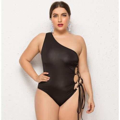 2021 Slimming Sexy Women One Piece Swimsuit With Padded Black Lace Up One Shoulder Obese Female Plus Size Swimwear 4XL Monokini