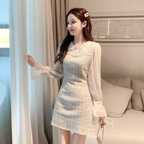 2021 spring French Korean version of the Small Fragrance Dress age reduction fashion chiffon sleeve stitching doll collar Dress