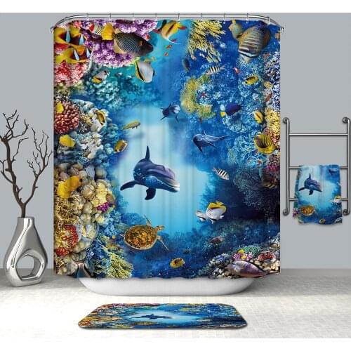 3D Colorful Underwater World Shower Curtains Dolphin Starfish Waterproof Mildew Proof Thickened Bath Curtains for Bathroom