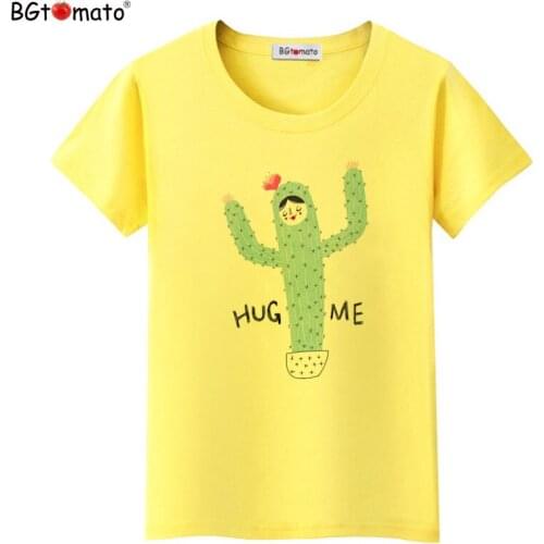 BGtomato Cartoon cactus Hug me T-shirts Women Brand new lovely summer tops Cool tees Hot sale personality creative shirts
