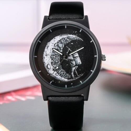 Cute Watch Astronaut Series Men Women Quartz Black Watches Simple Dial Leather Band Best Valentines Day Gift for Husband Wife