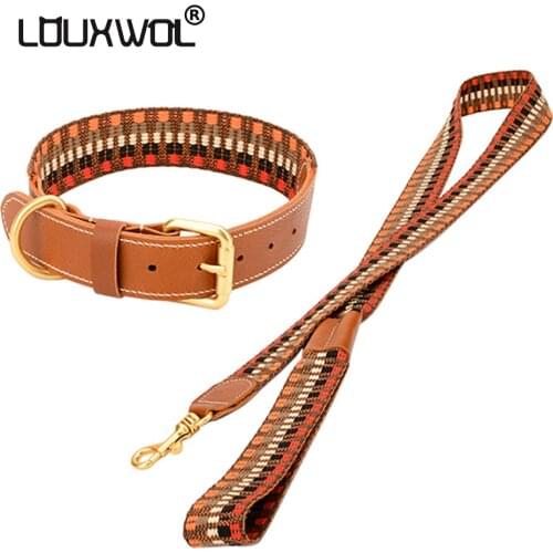 LOUXWOL Dog Collar Leather & Nylon Collar Leash Set for Cat Dog Pet Supplies Dog Collar Leashes for Small Large Dogs Accessories
