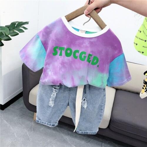 Children Sets Tie-Dye Boys and Girls Kids T-Shirts+ Denim Shorts 2pcs Boys Suits Kids Sport Suits Boys Tracksuits Toddler Outfit
