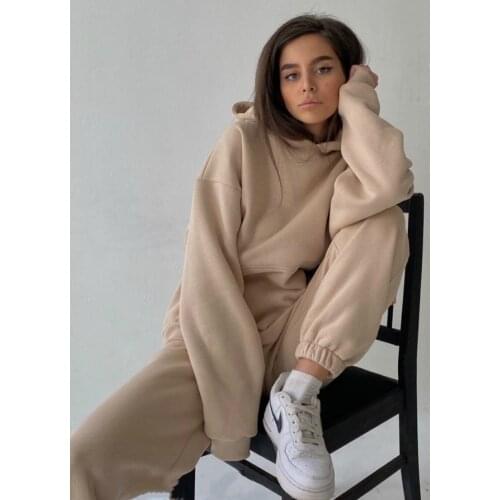 2 Piece Set Women Spring Autumn Tracksuit Solid Hooded Sweatshirt Top and Wide Leg Pants Suits Loose Casual Fashion Sportswear