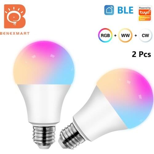 Benexmart 2 Pcs LED Light Bulb Tuya BLE Control 10W E27 RGBCW Dimmable Lamp Colorful Changing Work with Smart Life APP Timer