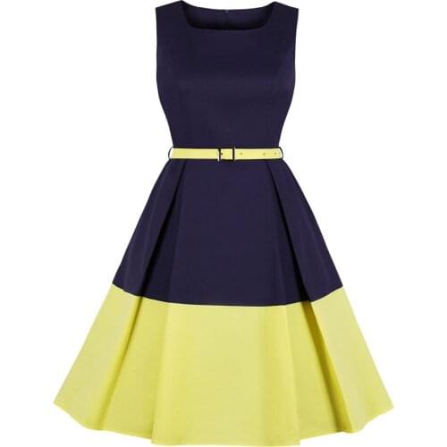 Summer Vintage Retro Dress Navy Blue Yellow Color block Tunic Women Belt Slim Fit Office Ladies Pleated Cotton Dresses Vestidos