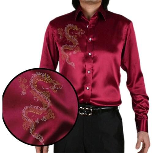 Mens shirt simulation silk fashion Chinese style dragon pattern mens shirt long-sleeved comfortable high-end mens casual shirt