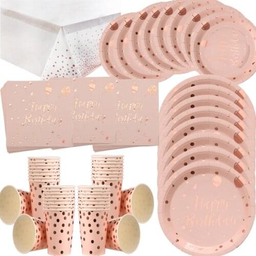 Rose Gold Party Disposable Tableware Set Plates Cup Straws Party Table Decoration Happy Birthday Wedding Party Decor Supplies
