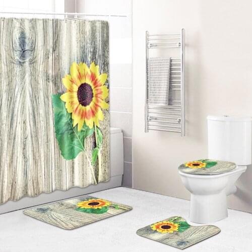 Sunflower Pattern Shower Curtain Set Toilet Cover Rug Carpets Non-slip Kitchen Bath Mat Wooden Board Bathroom Sets Decoration