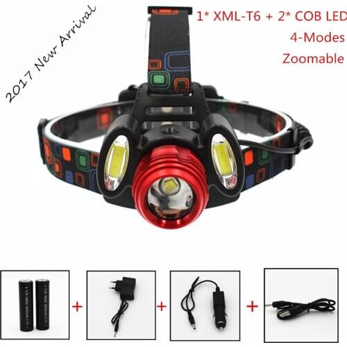 1200LM LED Light Headlamp 1x XML-T6 + 2x COB Zoom Headlight Fishing Head Lamp Flashlight 18650 Battery + Car USB AC Charger