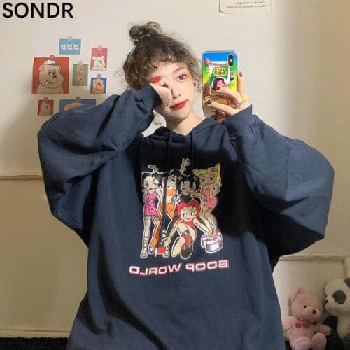 2021 Autumn New Hoodie Top Women Sweet Girls Cotton Bf College Style Long Loose Hooded Pullover Japanese Cartoon Crop Sweatshirt