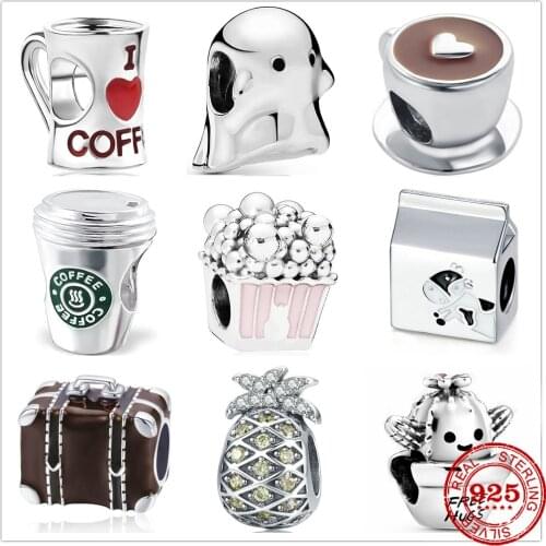 Genuine 925 Sterling Silver Beads Charm Coffee Cup Popcorn Milk Carton cactus Fit Original Pandora Bracelet Charm Jewelry Gif