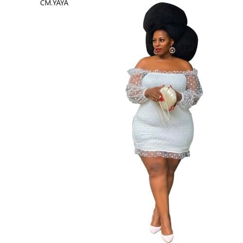 CM.YAYA Autumn Vintage Off Shoulder Slash Neck Plus Size XL-5XL Dot Lace Patchwork Women Bodycon Midi Mini Dress Vestidos