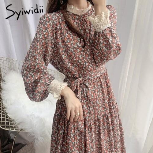 Syiwidii Dresses for Women Floral Print Lace Neck Plus Size Dress Long Sleeve Spring Autumn Sweet Midi Dresses for Women Party