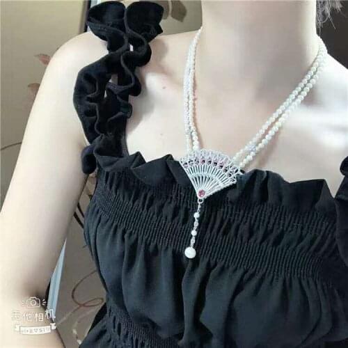 Hand knotted 2rows 6-7mm white freshwater pearl micro inlay zircon fan accessories necklace long 45-48cm
