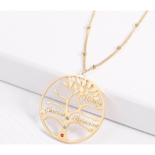 Personalized Statement Family Tree Of Life Necklace Custom Ball Chain Name Birthstone Stainless Steel Jewelry Family Necklace