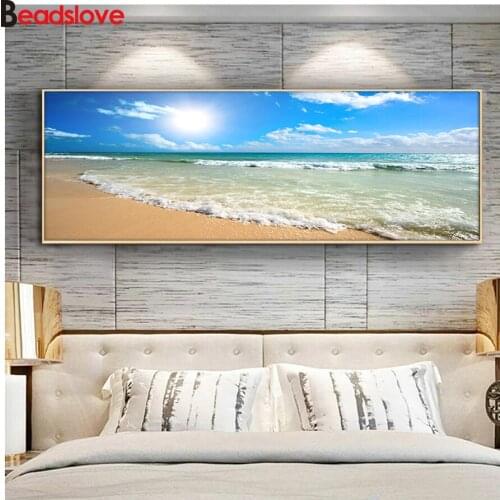Natural Blue Beach Sunset Landscape Diamond Embroidery 5D DIY Diamond Painting Diamond Mosaic needlework living room decoration