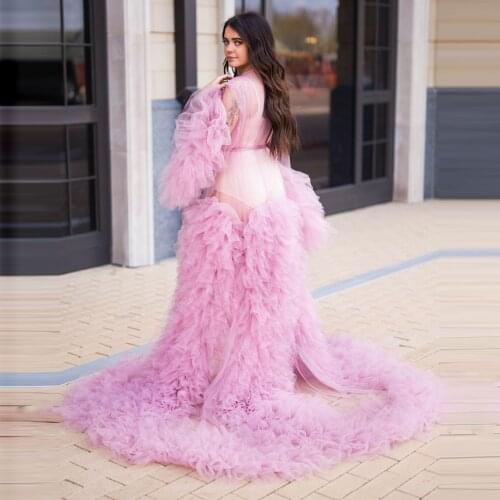 Pink Ruffles Chic Tulle Maternity Dresses Birthday Gowns For Photo Shoot Long Sleeves See Through Tulle Robes Baby Showes