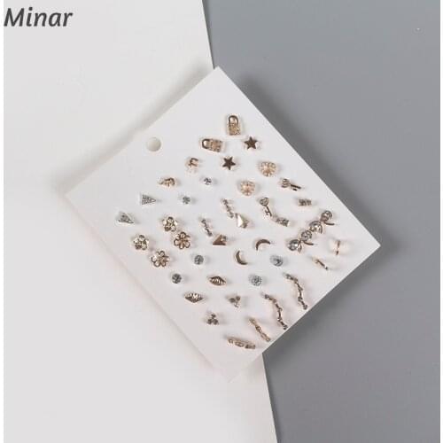 21Pairs/Set Mixed Style Cute Animal Star Moon Heart Butterfly Crystal Stud Earrings Set Gold Color Alloy Small Earring For Women