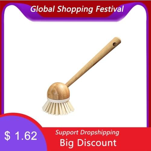 Pot Dish Bowl Brush Washing Cleaning Brush With Wooden Bamboo Long Handle Cleaning Tool Kitchen Pot Hanging Brush #EW